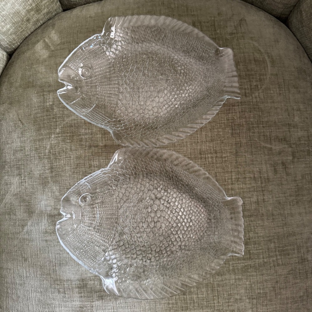 Vintage Pasabahce Fish Plates Set of 2 10" Clear Textured Glass Coastal Nautical
